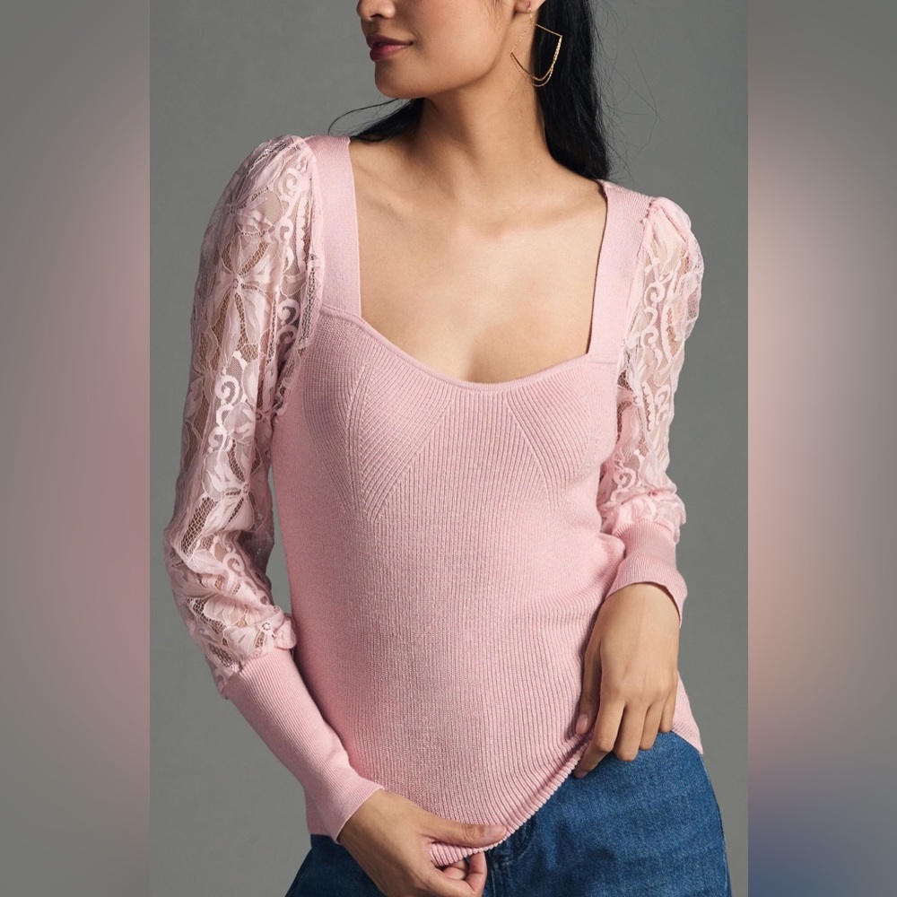 Anthropologie Pink Lace-Sleeve Sweater w/ sweetheart neckline, sz L petite